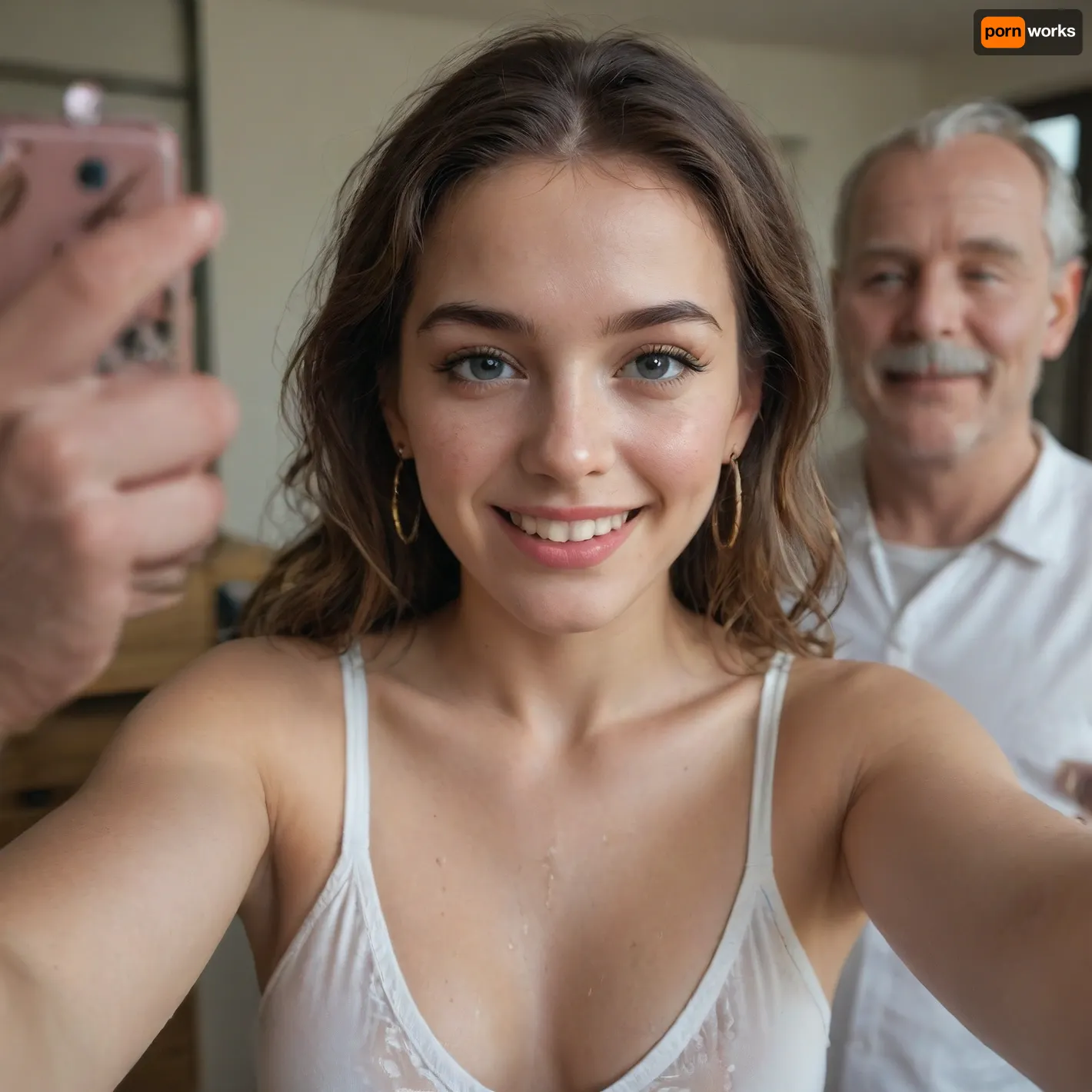 Selfie of 2persons, 1 girl, much cum on her face, 1 very old man, smiling