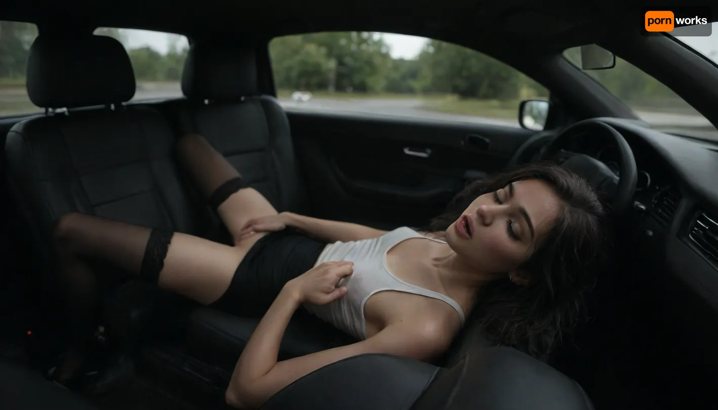 Beautiful 30 year old skinny dutch model, (((black pencil skirt))), skinny, small breasts, long legs, sheer black thigh highs, patent leather stiletto heels, white tank top, in the passenger seat of a parked car, ((masturbating)), eyes closed, back arched, head thrown back, driver's pov, facing viewer, bokeh, <lora:dark:.4>