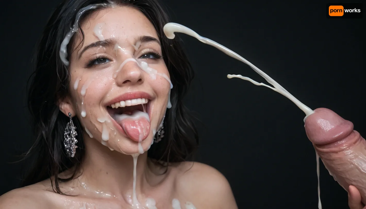 close up of a huge 15 inch white dick, masturbating, (ejaculation:1.7), cumshot into the wide open mouth of a mature curvy woman with black hair, happy, horny, sadistic grim, smiling, tongue sticking out, excessive cum dripping from tongue, black room, black background, (Cum details), realistic cum, Prominent cum, (white cum:1.7), cum on, (Cum flows:1.2), (cum on body:1.3), cum on head, (cum on face:1.3), bukkake, ((body covered with semen)), cum, face, Face covered in cum, (A lot of cum:1.5), <lora:JustCum:.7>, <lora:cum_in_eye_deepmind:.8>