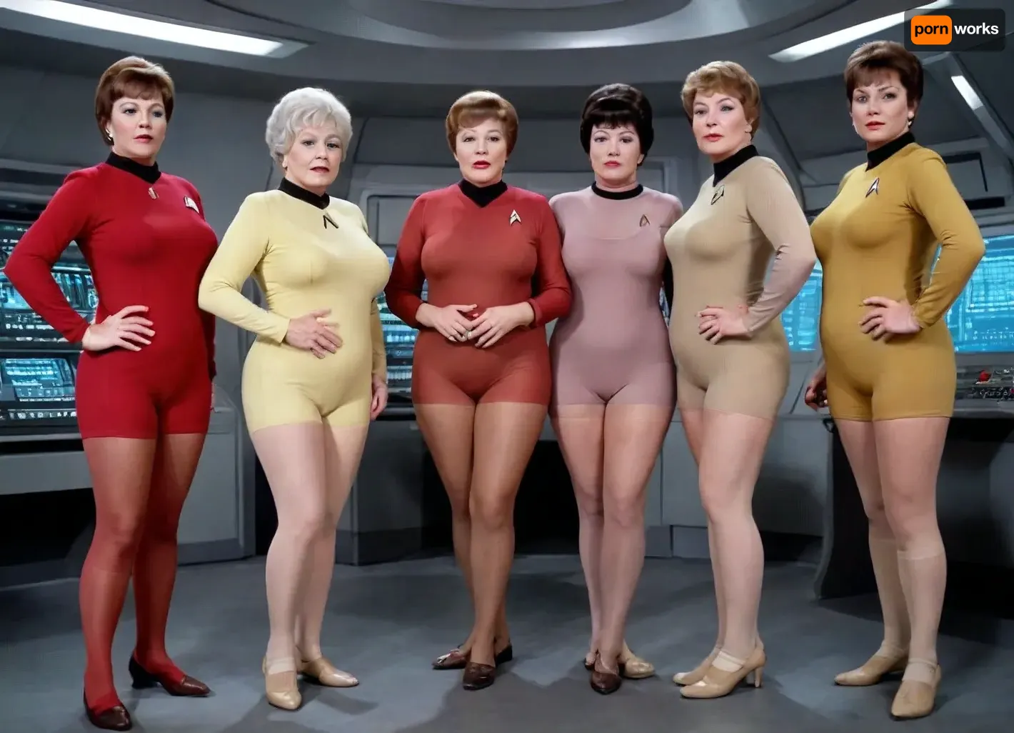 A crazy old photo of five different beautiful corpulent vintage Star Trek grannies, standing in a space ship command central from Enterprise in colored transparent nylon suits, have a wrinkled face, all in brown nylons and beige nylon knie socks, big bust extra large, plus size hanging breast, braless boobs, big nipples looks through very short transparent top, full body show in performance poses, photo-realistic picture, action cinema, studio