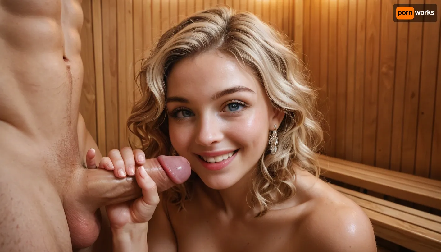 masterpiece, dslr, ultra detailed, bright light, bright colors, handjob in sauna, mouth very wide open, angelic smile, looking at me