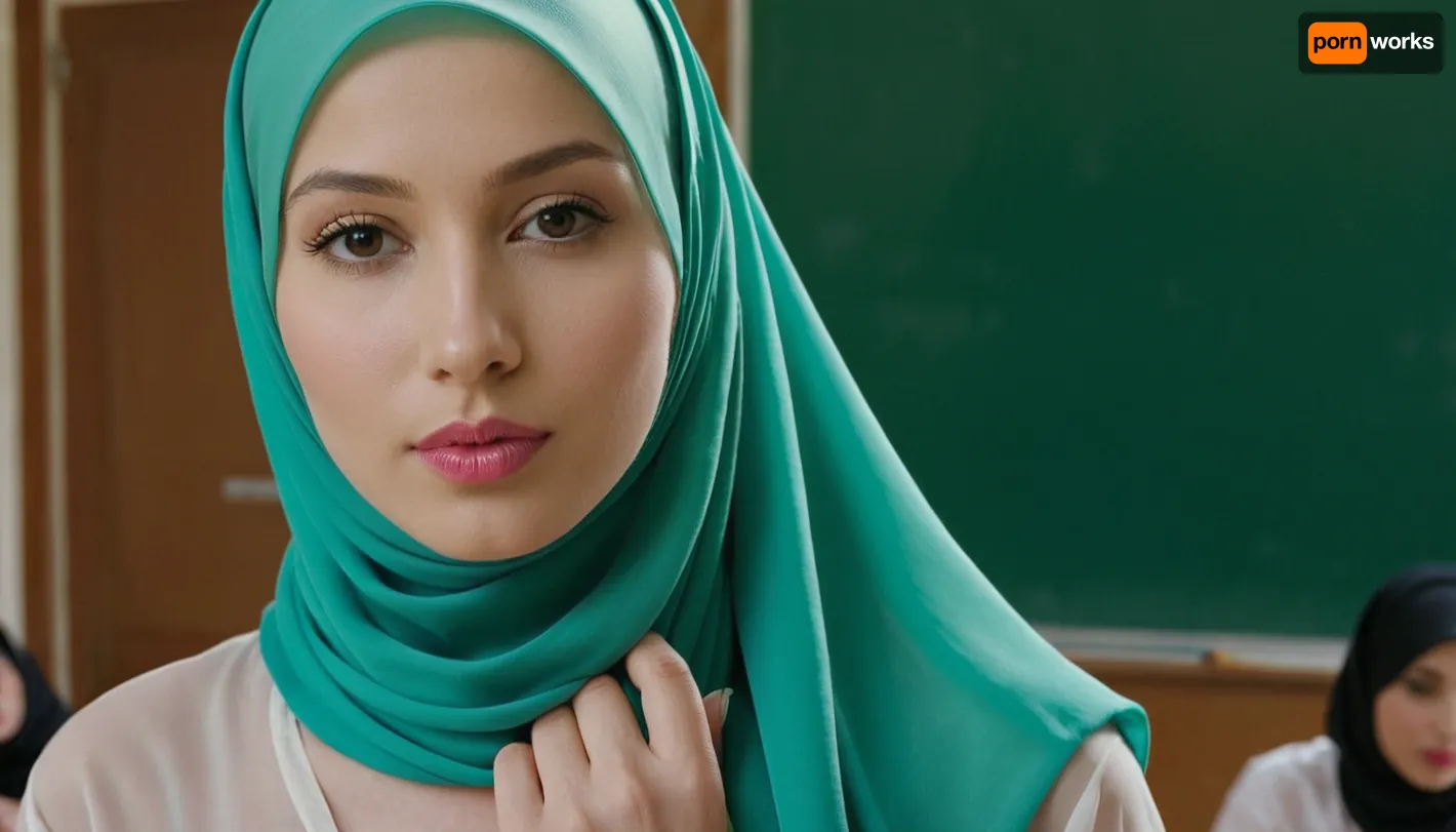 in a classroom with a lot of panties on the fkoor, Beautiful hijab lady, wearing a turquoise-colored hijab, very pretty, makeup, pink lipstick, pale skin, medium slim body, small saggy tits, asian, fully naked, standing tall, pussy view, (focus pussy), (super close up view pussy), (no face), scarf, jerseyseries, silkseries, parisseries, <lora:hijab-style:.8>