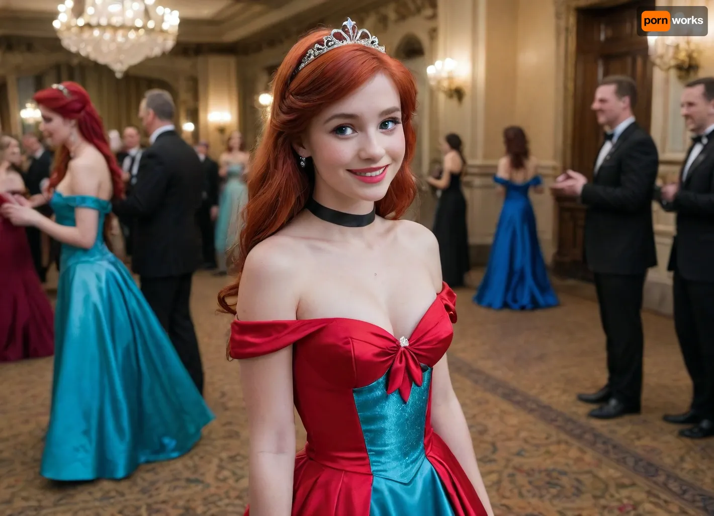 1 woman, 18 years old, (Ariel), (The Little Mermaid), (Disney), white skin, smiling face, adorable, blue eyes, bright-red hair, (long hair), bangs, freckles, skinny, small waist, (small breasts), ((off the shoulder ball gown)), floor length skirt, thick black satin choker, castle ballroom, decorations, party, standing, <lora:ahxl_v1:.8>
