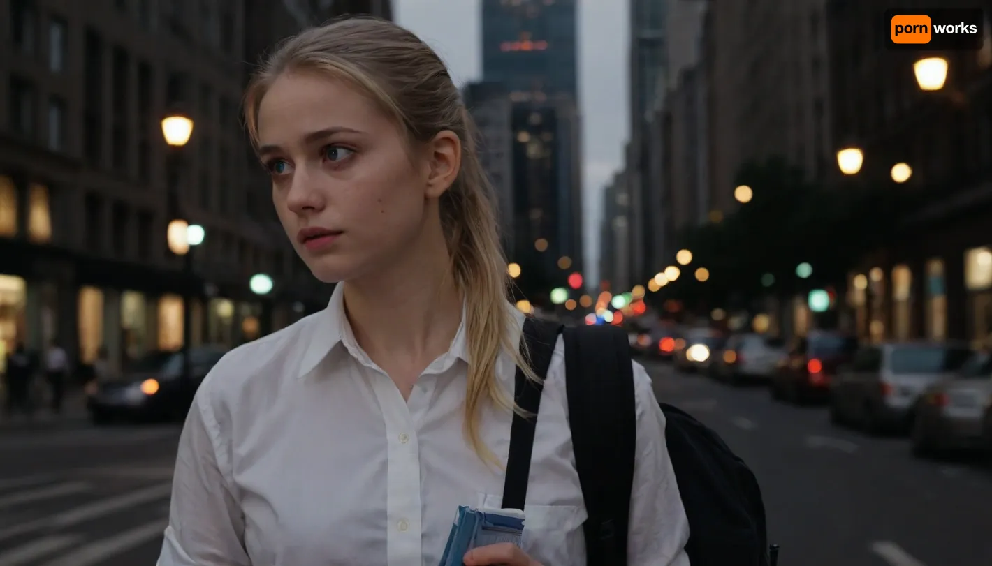 Draw a modest 1st year student who came from the countryside to a big city. She has blonde hair pulled back in a neat ponytail and large blue eyes that express a mixture of curiosity and mild confusion. She is dressed in a simple white shirt and a dark skirt, which highlights her modest style. She has a small backpack slung over her shoulder and a battered notebook in her hands. The background is a busy street in a big city with tall buildings and bright lights that contrast with its simplicity.