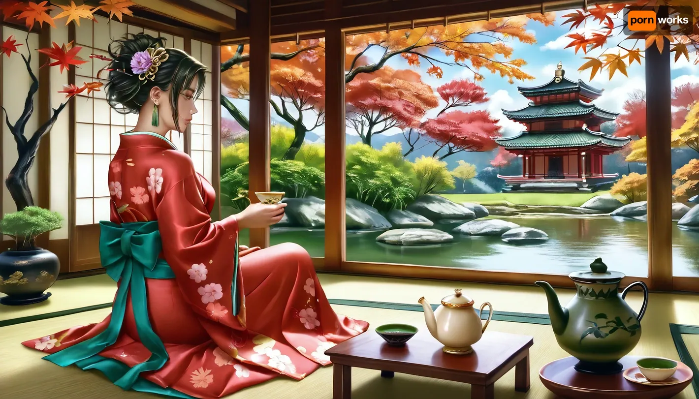 Hentai image in the style of Logan Cure, (best quality, masterpiece:1.2), (photorealism:1.3), traditional Japanese art, beautiful calm Japanese woman, (sitting on tatami:1.1), profile, from behind, full height, dressed in an exquisite, (light kimono with a floral pattern:1.2), with a detailed design, (traditional Japanese hairstyle:1.1), (holding a teapot:1.4), performing a tea ceremony, (looking at a lush autumn Japanese garden:1.4), (Zen garden with a pond and stones:1.2), (autumn maples and other trees), intricate stone lanterns, (yellow and red foliage:1.1), (green bonsai:1.3), soft natural light, warm sunlight, (sunlight filtering through trees:1.1), spotted light, shallow depth of field, sharp focus on the woman and foreground, blurred background, bokeh, peaceful atmosphere, tranquility, tea ceremony set, traditional Japanese interior, shoji screens, wooden frames, morning light, golden hour, cultural, serene, high detail, complex textures, (profile view:1.2)