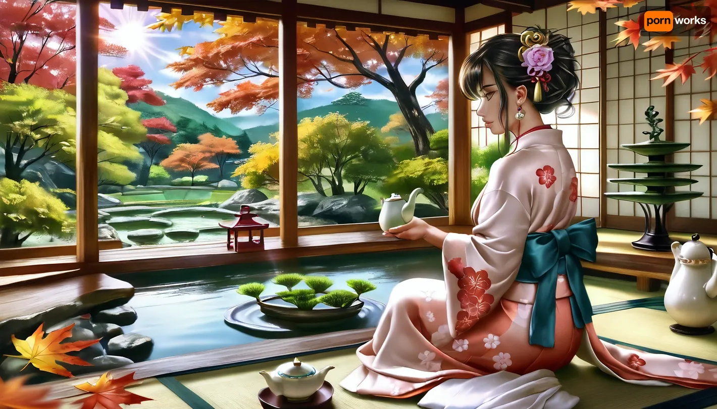 Hentai image in the style of Logan Cure, (best quality, masterpiece:1.2), (photorealism:1.3), traditional Japanese art, beautiful calm Japanese woman, (sitting on tatami:1.1), profile, from behind, full height, dressed in an exquisite, (light kimono with a floral pattern:1.2), with a detailed design, (traditional Japanese hairstyle:1.1), (holding a teapot:1.4), performing a tea ceremony, (looking at a lush autumn Japanese garden:1.4), (Zen garden with a pond and stones:1.2), (autumn maples and other trees), intricate stone lanterns, (yellow and red foliage:1.1), (green bonsai:1.3), soft natural light, warm sunlight, (sunlight filtering through trees:1.1), spotted light, shallow depth of field, sharp focus on the woman and foreground, blurred background, bokeh, peaceful atmosphere, tranquility, tea ceremony set, traditional Japanese interior, shoji screens, wooden frames, morning light, golden hour, cultural, serene, high detail, complex textures, (profile view:1.2)