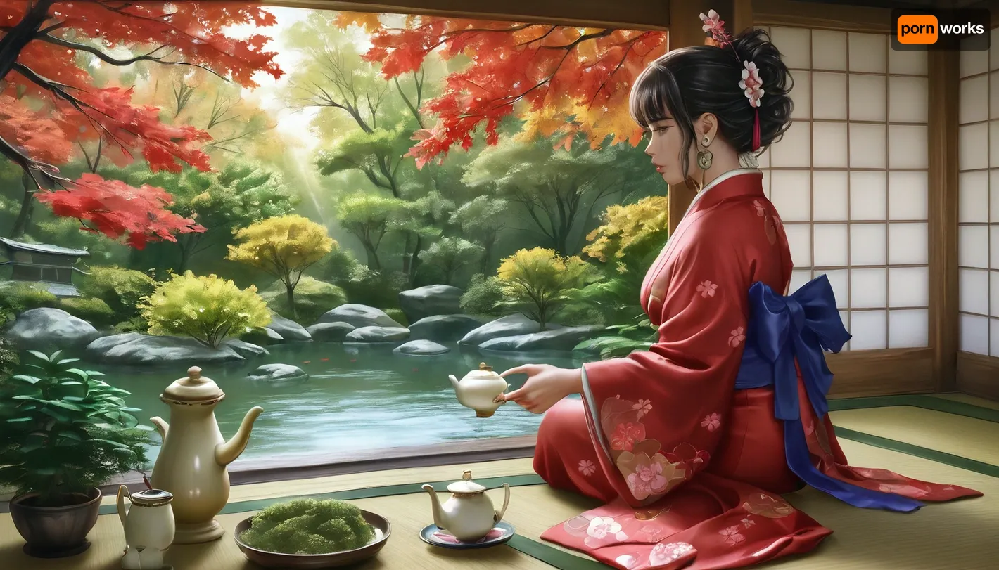 Hentai image in the style of Logan Cure, (best quality, masterpiece:1.2), (photorealism:1.3), traditional Japanese art, beautiful calm Japanese woman, (sitting on tatami:1.1), profile, from behind, full height, dressed in an exquisite, (light kimono with a floral pattern:1.2), with a detailed design, (traditional Japanese hairstyle:1.1), (holding a teapot:1.4), performing a tea ceremony, (looking at a lush autumn Japanese garden:1.4), (Zen garden with a pond and stones:1.2), (autumn maples and other trees), intricate stone lanterns, (yellow and red foliage:1.1), (green bonsai:1.3), soft natural light, warm sunlight, (sunlight filtering through trees:1.1), spotted light, shallow depth of field, sharp focus on the woman and foreground, blurred background, bokeh, peaceful atmosphere, tranquility, tea ceremony set, traditional Japanese interior, shoji screens, wooden frames, morning light, golden hour, cultural, serene, high detail, complex textures, (profile view:1.2)