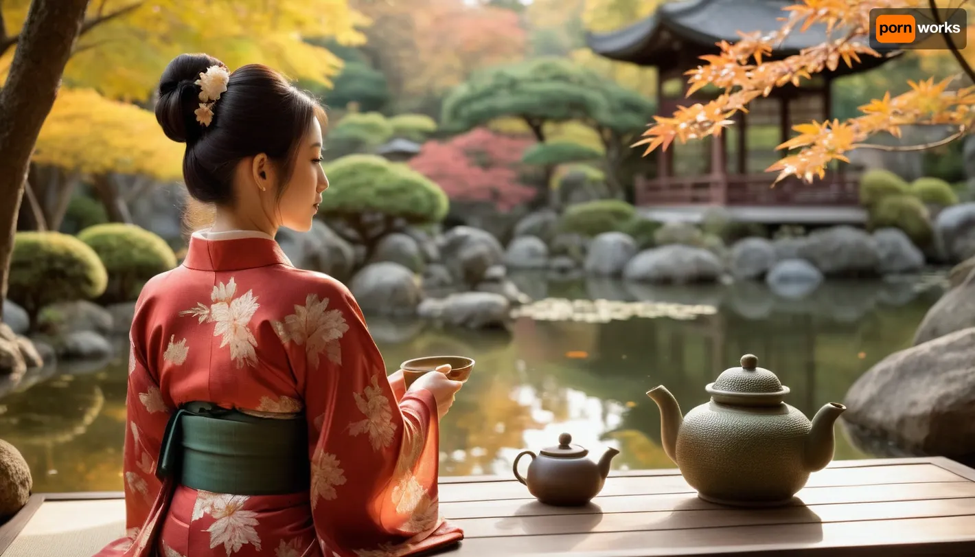 (best quality, masterpiece:1.2), (photorealism:1.3), traditional Japanese art, beautiful calm Japanese woman, (sitting on tatami:1.1), profile, from behind, full height, dressed in an exquisite, (light kimono with a floral pattern:1.2), with a detailed design, (traditional Japanese hairstyle:1.1), (holding a teapot:1.4), performing a tea ceremony, (looking at a lush autumn Japanese garden:1.4), (Zen garden with a pond and stones:1.2), (autumn maples and other trees), intricate stone lanterns, (yellow and red foliage:1.1), (green bonsai:1.3), soft natural light, warm sunlight, (sunlight filtering through trees:1.1), spotted light, shallow depth of field, sharp focus on the woman and foreground, blurred background, bokeh, peaceful atmosphere, tranquility, tea ceremony set, traditional Japanese interior, shoji screens, wooden frames, morning light, golden hour, cultural, serene, high detail, complex textures, profile view