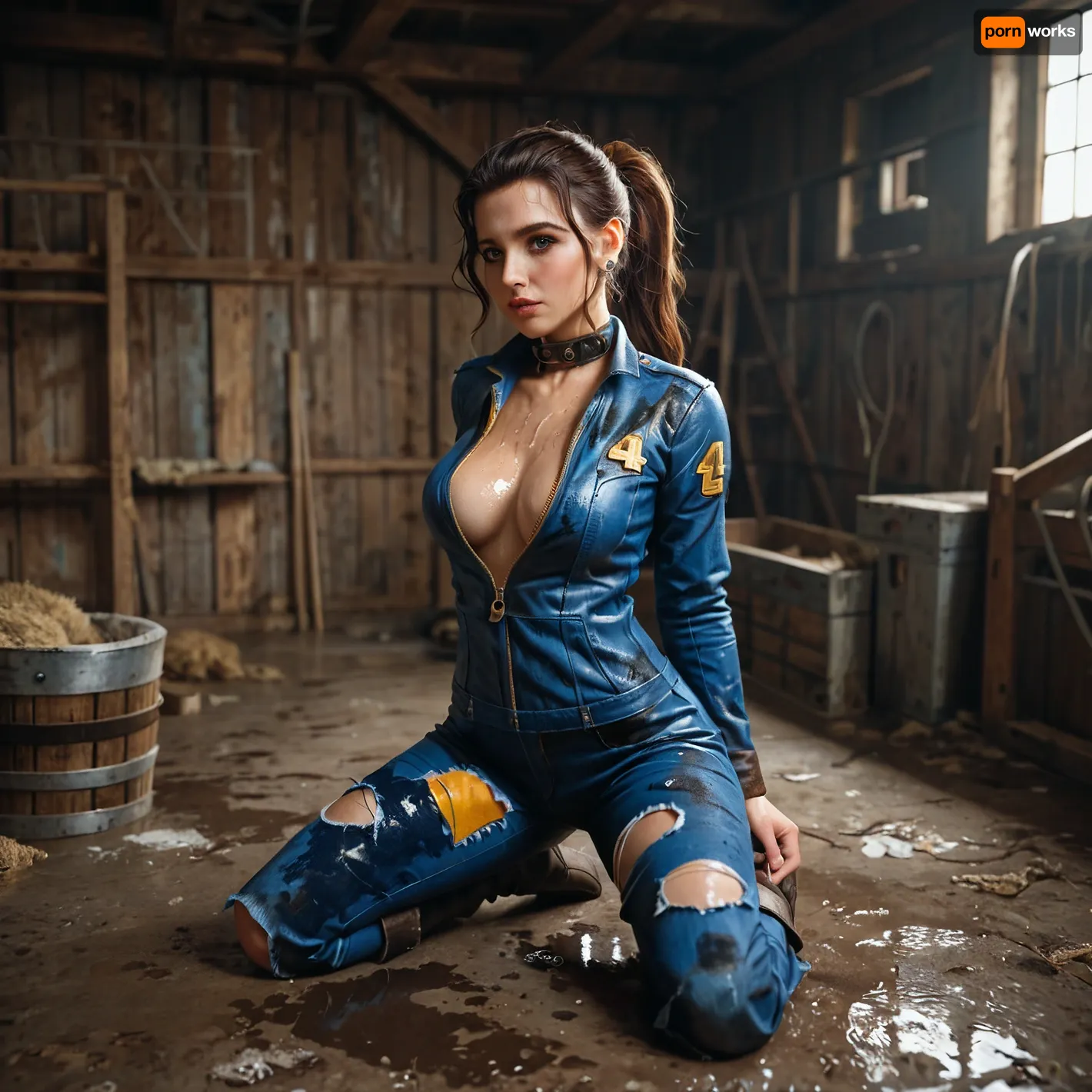Lucy Maclean from Fallout, brunette, long hair in a ponytail, blue leather uniform with yellow edges, collar and zippers, torn and ripped uniform, wet body, kneeling in an abandoned warehouse