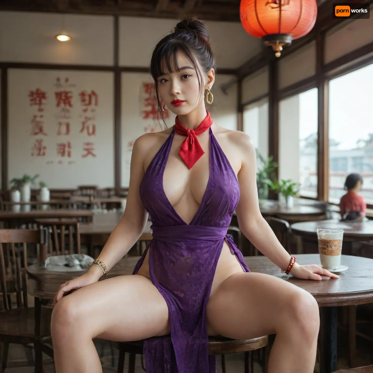 pretty Anorexic Chinese woman with pretty big breasts, in a cafe, chi-chi, black, hair, bun, bangs, sidelocks, eyes, chinese, clothes, purple, transparent dress, earrings, red, bracelets, orange, neckerchief, <lora:Chi_Chi_Diffusion_SD_XL-05:.8>, open legs, no underwear, red lipstick, no bra