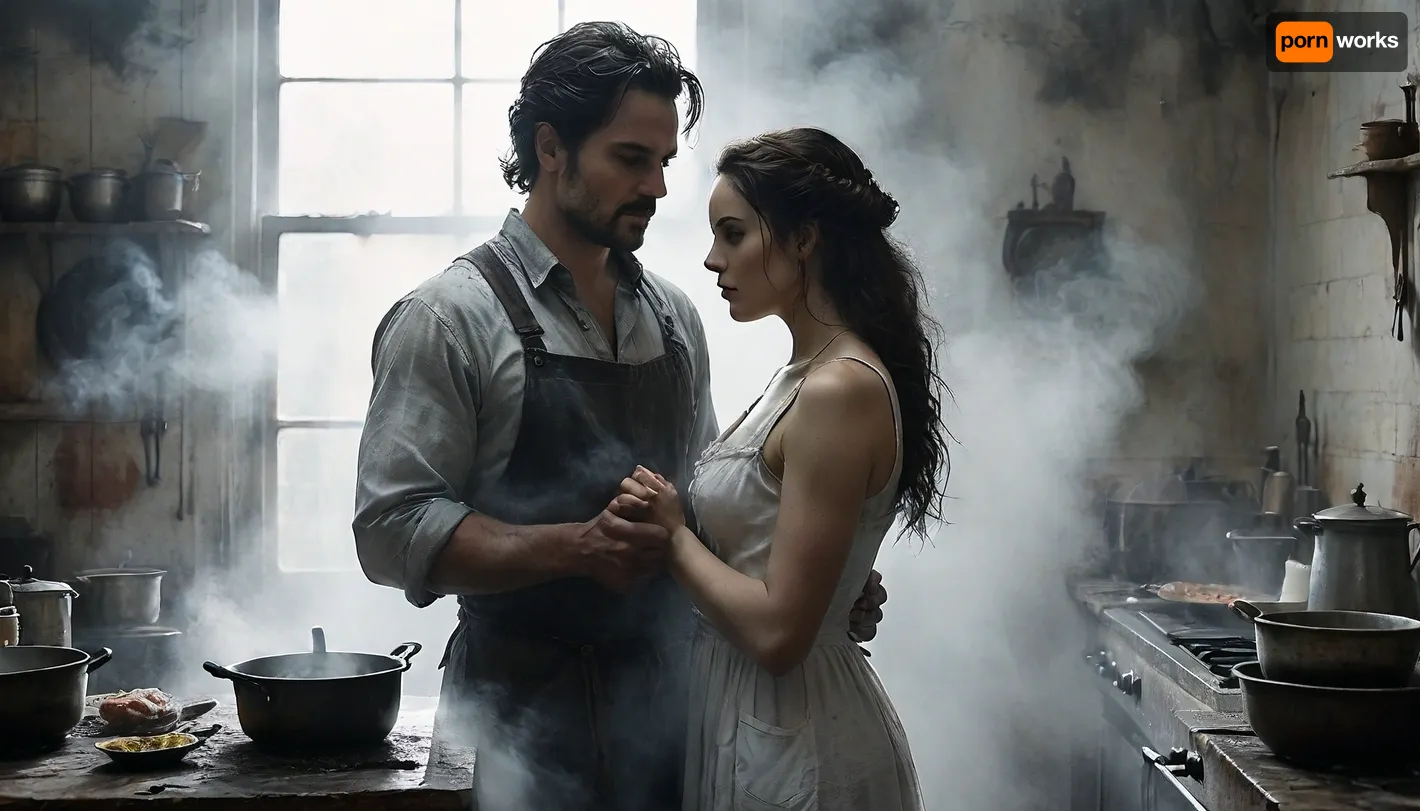 18 century, the young 26-year-old submissive shy kitchen help long dirty dress is working in the kitchen with a male cook, sweaty, worn out, (a dominant male matured grim cook), male cook is touching her ass and tits, (grabbing her pussy:1.7), FRESHIDEAS, Real, Photography, 2#, Black, and, white, art, black, shading, charcoal, toned, brutal, dark, b/w, color, scheme, cloudy, smoke, atmospheric, clouds, fog, <lora:FRESHIDEAS Real Photography 2#:1.1>, <lora:Black and white art.V1:.1>, <lora:MJ52:.4>, <lora:add-detail-xl:1.9>, <lora:Cloudy_Style:1.4>