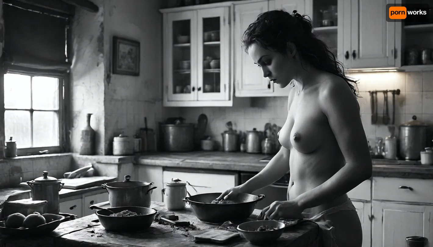 18 century, the young 18-year-old nude son exposes his erection to his stepmother. She is working in the kitchen, she is excited as she realize his erection, FRESHIDEAS, Real, Photography, 2#, Black, and, white, art, black, shading, charcoal, toned, brutal, dark, b/w, color, scheme, <lora:FRESHIDEAS Real Photography 2#:.6>, <lora:Black and white art.V1:.1>, <lora:MJ52:.4>, <lora:add-detail-xl:.9>