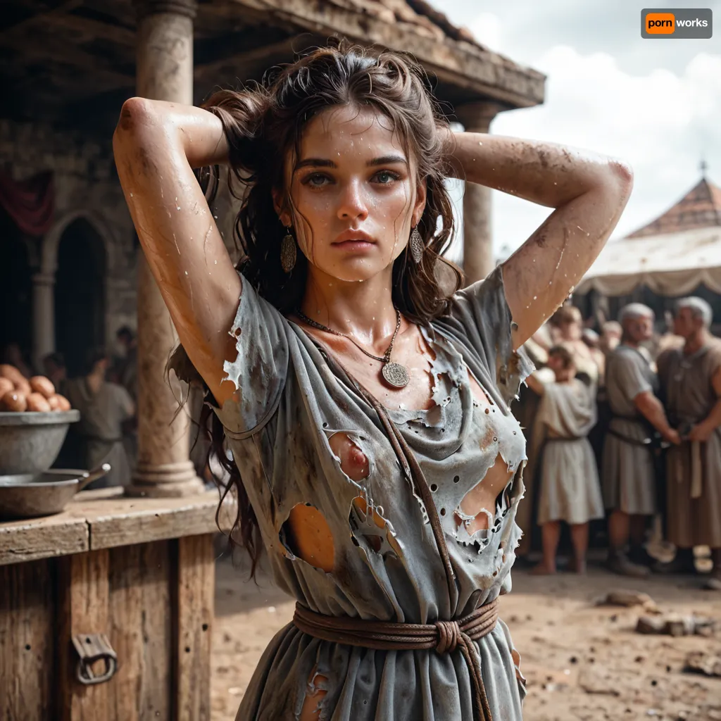 Sueur et esclavage

- Oui.

AI a généré l'image d'une femme brune avec de longs cheveux façonnés dans un chignon, portant une tunique d'esclave romaine grise sale et déchirée avec un décolleté large. Son corps est très transpirant, et ses mains sont derrière sa tête. Elle porte un collier en fer rouillé. La scène est située sur le marché romain, captant une vue du corps 3/4.