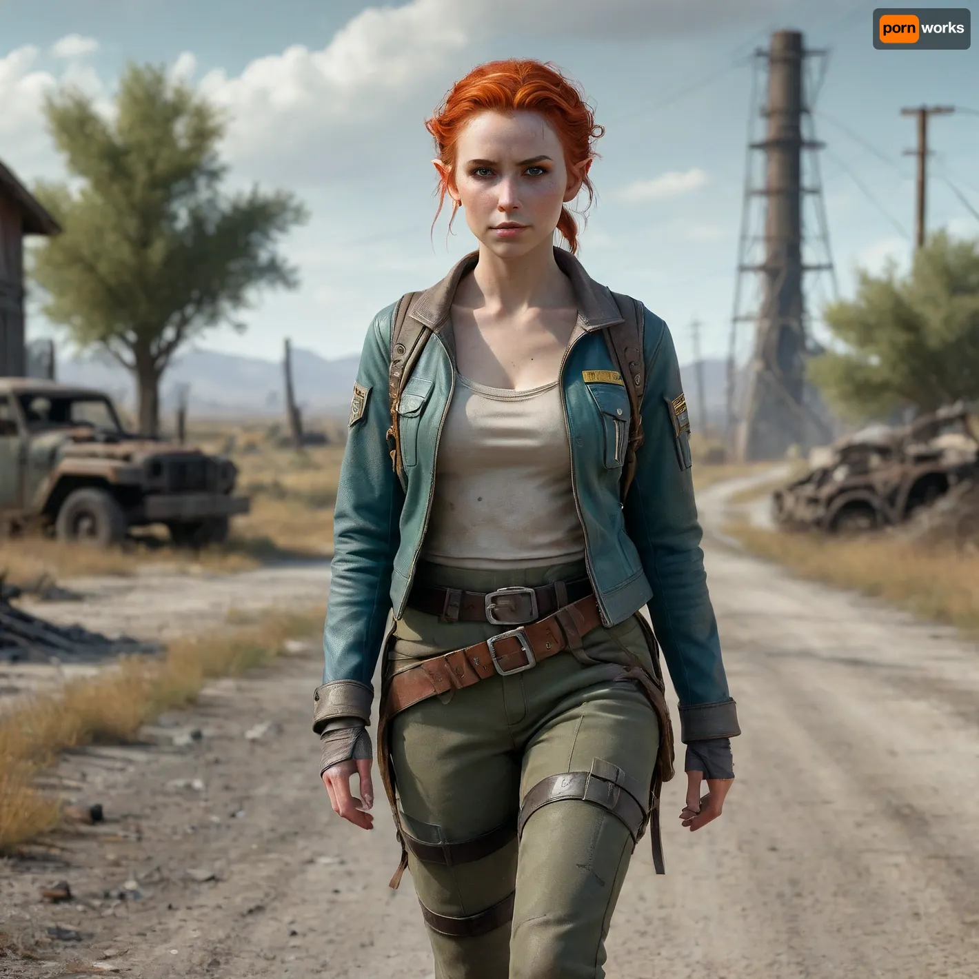 A full body view of an elf hybrid survivor girl walking through Fallout style wasteland, red hair in braids with a bun, freckles across pale cheeks, green eyes, pointed ears, feminine detailed face, survival outfit with light flowing fabrics and patched jacket, belts with pouches, rugged pants, reinforced boots, glowing runes painted on fabric, carrying energy bow glowing blue, cracked asphalt road with weeds, rusted vehicle shell, leaning metal poles with loose cables, ruined farm house in distance, tall rusted tower behind, dry twisted trees, pale orange radioactive haze in sky, cinematic lighting, ultra detailed, hyper realistic, 8k, photoreal, HDR, sharp focus, masterpiece, realistic textures, concept art