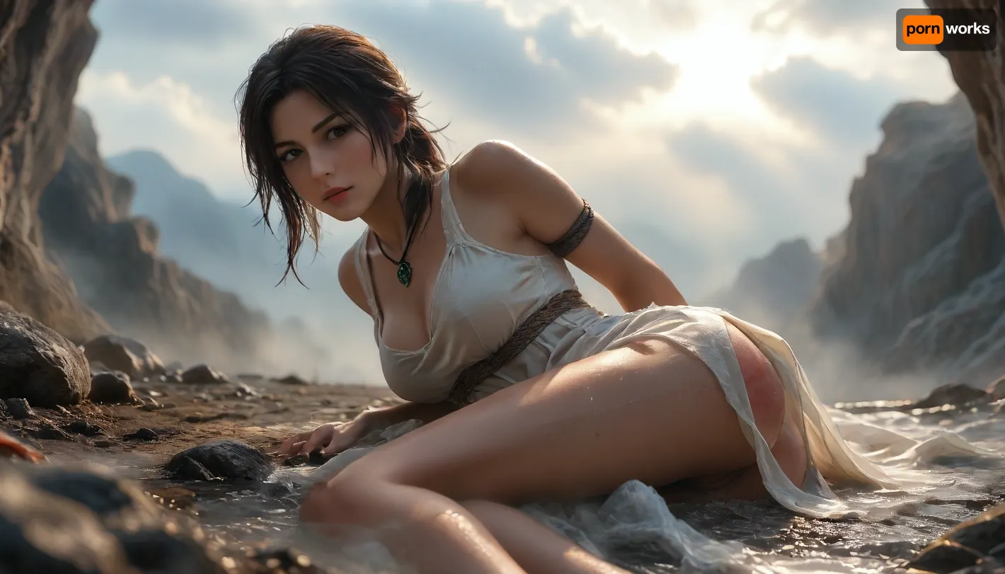 Tomb Raider laying behind a large campfire in front of the cave dwelling, slightly opened legs, random facial emotions, (highly detailed clothes:1.6), sun tanned skin, bikini tan lines, dark makeup, brown eyes, beige buckskin dress, (big natural breasts:1.2), laying on her stomach, arms behind back, rope tied arms, cleavage, upskirt, (shaved pussy:1.2), (very sweaty), spanking marks, red ass cheeks, cloudy, smoke, atmospheric, clouds, fog, Black, and, white, art, black, shading, charcoal, darkness, toned, brutal, dark, b/w, color, scheme, <lora:add-detail-xl:2>, <lora:MJ52:1.9>, <lora:Cloudy_Style:2>, <lora:Hell_Constantine_2005_-_Anime:.3>, <lora:Black and white art.V1:2>, side view, rear view