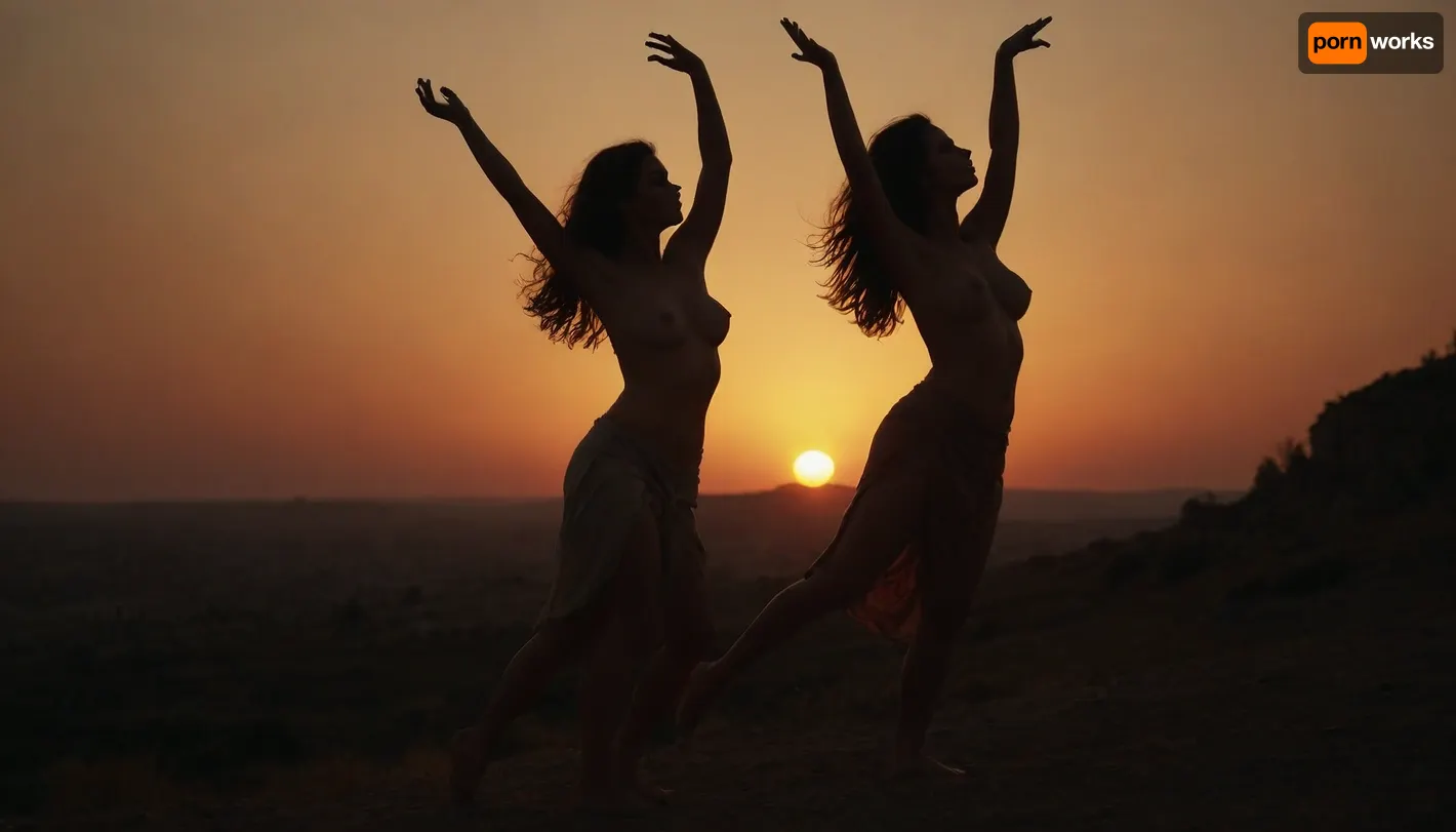scene some young women in ancient rome, outdoors on a lonely hill, sunset, very dimmed light, (very sexy women dancing arms up before the sunset, big breast, topless), the wind blows through their hair, full body view, only outlines visible