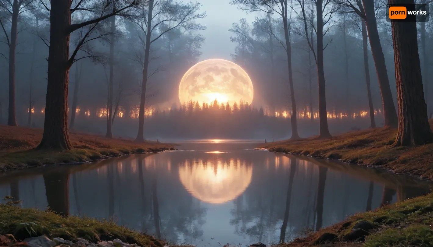 Several trees by the water with reflections. And in a black background.