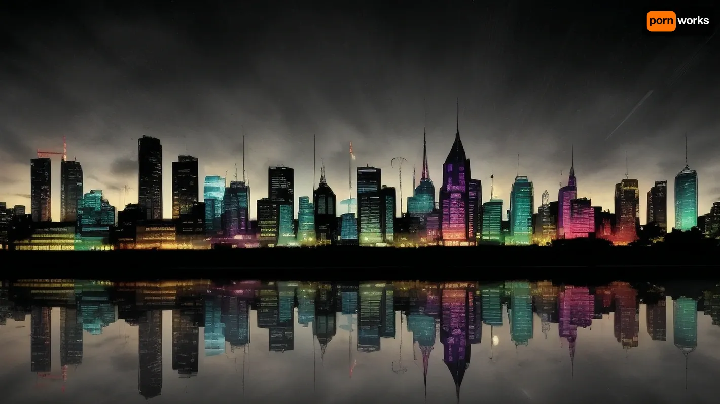 Several City silhouette with reflections and different colors. And in a black background.