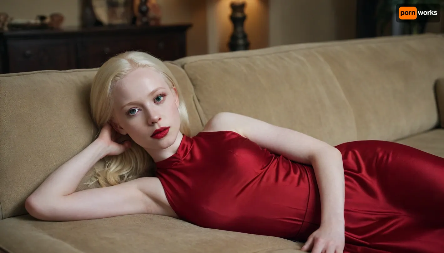 25 year old albino girl, laying on the couch in living room, blonde long hair, wearing red crimson dress, red lipstick, full body view