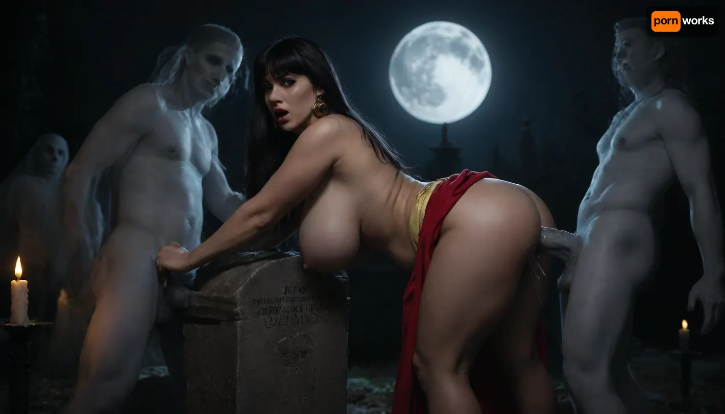 Photorealistic, highly detailed, Nightime, candlelight’s, full moon, Ghostly orgy, in a graveyard a fat chubby Vampirella with massive teardrop tits is bending forwards over a gravestone, a ghostly Ghoul is impaling her hairy pussy onto his cock from behind, fangs, red and black Vampirella costume, massive cleavage, (Fucking ghostly cock:1.5), behind Vampirella other ghosts with glowing cocks are having a ghostly orgy, ghosts, bats flying around, hairy pussy dripping with cum, side view, 5, <lora:dark:.8>