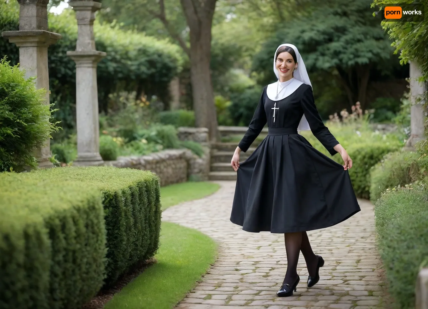 In the heart of a lush, verdant garden, a young woman dressed in a traditional nun’s attire moves gracefully in a playful dance. Her long black gown with a crisp white collar flows naturally around her legs, contrasting vividly with the vibrant greenery. A golden cross pendant on a delicate chain rests at her neck, catching the light as she moves. Her black veil is pulled back slightly, revealing a mischievous grin, and her tongue shows a striking green barbell piercing. Her short bobbed hair, tipped with bright green highlights, frames her face with a whimsical charm. She wears black tights and simple black shoes, her posture confident and balanced, one hand resting on her hip and the other gently leaning on a nearby stone bench. The medium camera shot captures her full figure and the surrounding garden, including trimmed bushes and a low stone wall in soft daylight, emphasizing the playful juxtaposition of traditional religious clothing and lively, expressive movement. flux 1d +lora