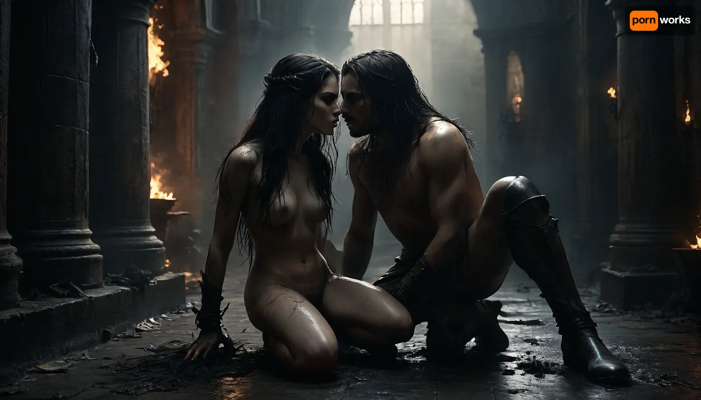 17 century, full body view, Betty is a skinny 18 yo girl with blonde hair, perfect pretty face, Betty kneeling submissive, (Betty is naked:1.5), Betty touches a knight warrior, (screaming and moaning proud knight:1.5), (knight has messy long black hair, wears amor:1.5), in front of a backdrop of an outstanding old mystical burning library, (maximum detail), (super realistic photo:1.4), (maximum photo quality:1.4), (maximum resolution:1.5), saturated, Black, and, white, art, black, shading, charcoal, toned, brutal, dark, b/w, color, scheme, <lora:MJ52:.8>, <lora:dark:.1>, <lora:saturated_colors:.8>, <lora:Black and white art.V1:.7>, <lora:Hell_Constantine_2005_-_Anime:.8>