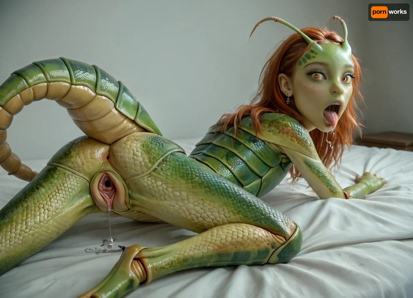 photorealistic, detailed, 4k, masterpiece, sexy face, ginger, petite, (open mouth flowing saliva), (transforming into a sexy fit hybridexa mantis girl:1.35), (mantis parts:1.3), (mntis feet), extreme detail, (mantis eyes), in a bedroom, (insect scales on her arms and hands:1.3), (MANTIS SCALE TEXTURE), (big spread open alien vagina, insect vagina texture:1.3), (laying on her side), (SEXY BUTT), (MEDIUM BOOBS), (tail), <lora:hybridexa:.95>, x, morphing, into, y, <lora:SDXL1.0-LoRa_Zeitgeist-Morphing-Concept_by-AI_Characters-v1.0:.8>, doggystyle, from, behind, human, on, anthro, feral, <lora:SDXL_Human_Male_Furry_Female:.8>