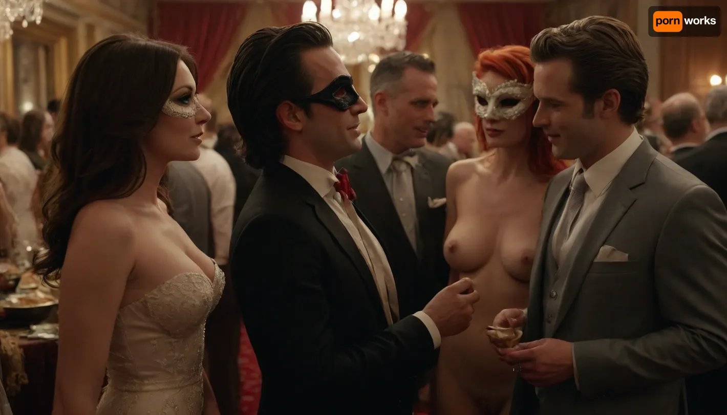 two married couples, husband and wife, meeting together, romantic meeting, swingers, (meeting for sex), wives with beautiful hairstyles, well-groomed, social party, wives in carnival masks, buffet, wives completely naked, (only in stilettos), wives with huge milky tits, husbands in expensive suits, (full-length image), (realistic), (high-quality image)