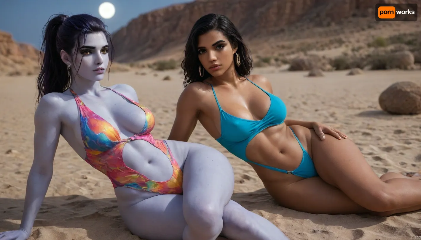 2 women, (pharah amari from Overwatch), (blue skin widowmaker with from Overwatchn), colorful racerback swimsuit, desert, night, moon, big breast, (wide hips:1.6), Athletic body, (muscular shoulders and arms:1.4), thick lips, plump lips, laying, posing together.