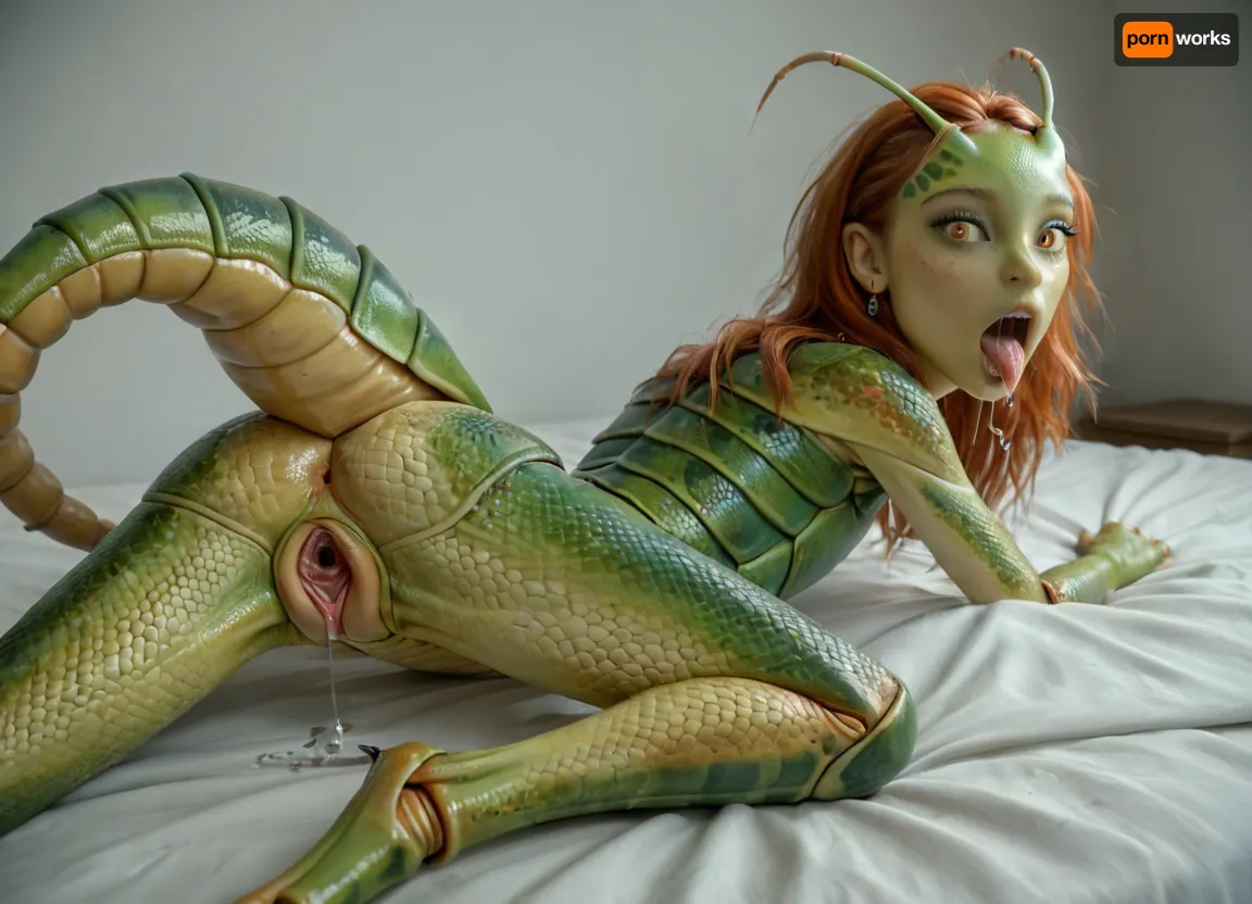 photorealistic, detailed, 4k, masterpiece, sexy face, ginger, petite, (open mouth flowing saliva), (transforming into a sexy fit hybridexa mantis girl:1.35), (mantis parts:1.3), (mntis feet), extreme detail, (mantis eyes), in a bedroom, (insect scales on her arms and hands:1.3), (MANTIS SCALE TEXTURE), (big spread open alien vagina, insect vagina texture:1.3), (laying on her side), (SEXY BUTT), (MEDIUM BOOBS), (tail), <lora:hybridexa:.95>, x, morphing, into, y, <lora:SDXL1.0-LoRa_Zeitgeist-Morphing-Concept_by-AI_Characters-v1.0:.8>, doggystyle, from, behind, human, on, anthro, feral, <lora:SDXL_Human_Male_Furry_Female:.8>