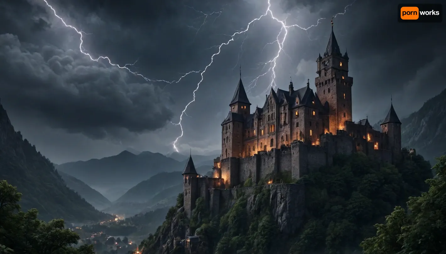 A huge menacing eerie and creepy medieval castle sits atop the mountain. It exudes a sinister appearance. moonlight shines upon its medieval walls. it is surrounded in dense heavy fog. a cold and unsettling silence lingers in the air. Every brick is visible, mountainous terrain, (heavy thunderstorm:1.7), (pouring rain:1.4), (intricate detail:1.6), uhd 8k, masterpiece, best quality, award winning photo, beautiful artwork, dark atmosphere, mw01out, <lora:Medieval_Worlds_outsidexl:.8>