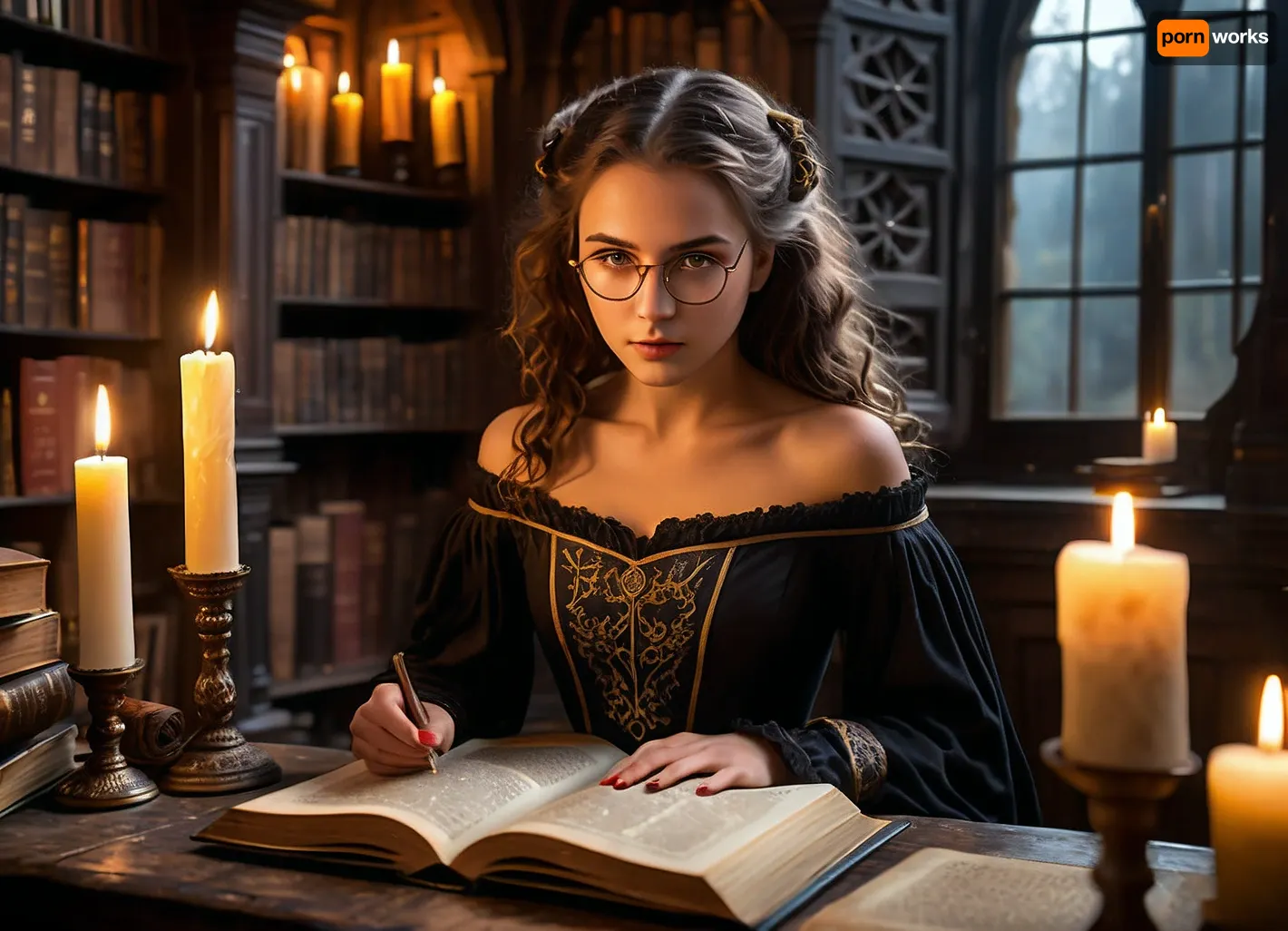 (masterpiece:1.2), (high resolution:1.3), 8k, ((realistic detailed skin)), ((highly detailed eyes)), (medium shot), mysterious young librarian, (long curly brown hair), (brown eyes), (dark medieval clothing), off-the-shoulder blouse, round horn-rimmed glasses, behind a huge magical tome, bound in black human skin, lying on a stand, yellowed pages with images of pentagrams and spell texts, (room lit by candles), warm glow of candles, Gothic interior, (window with Gothic pattern), moonlight through the window, dusty wooden furniture, antique books, (the girl looks around in fear:1.6), (atmospheric lighting), dramatic lighting, (soft lighting), focused lighting, deep shadows, (light reflecting from the eyes), octane render, artstation, deviantart, by Greg Rutkowski, by WLOP, (high quality:1.2), (soft focus), (glowing eyes)
