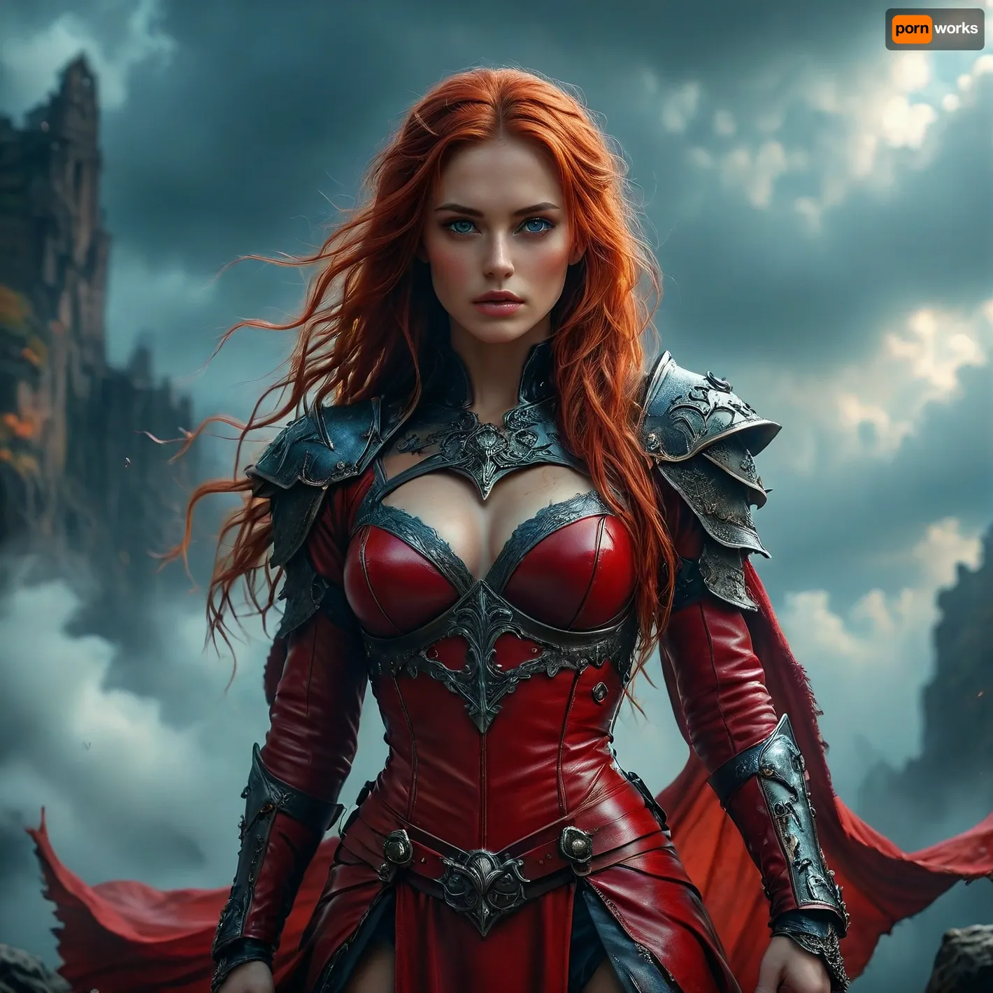 Stunning warrior princess. 30 years old. Long autumn red hair. Red leather clothing. Seductive pose, fantasy mystical setting, mist, cloud, dark, 32k super high quality, ultra realistic, hkstyle, <lora:454069_training_data:1.4>, <lora:Adjust_SDXL_v3.0:1.6>, <lora:MJ52:1.7>, <lora:SDXLFaeTastic2400:1.2>, <lora:hkstyleV5:1.6>