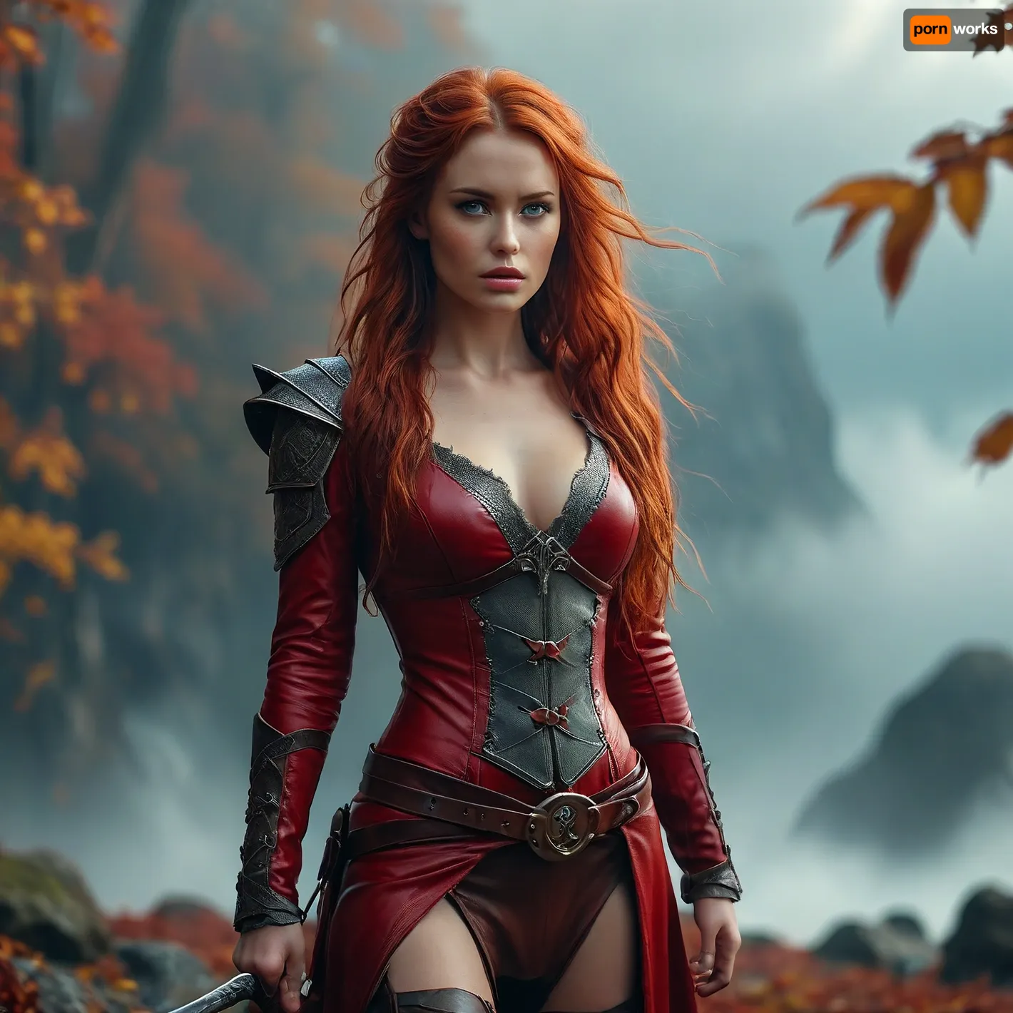 Stunning warrior princess. 30 years old. Long autumn red hair. Red leather clothing. Seductive pose, fantasy mystical setting, mist, cloud, dark, 32k super high quality, ultra realistic, <lora:454069_training_data:1.9>, <lora:Adjust_SDXL_v3.0:1>, <lora:MJ52:.8>