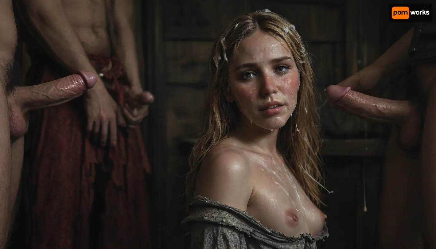 ((gangbang porn scene)), ((anal sex:1.7)), ((facial)), ((wide shot:2)), ((side view:1.6)), medieval theme, tavern, drinking, debauchery, ((hairy mature natural tall slender curvy woman)), ((small breasts)), ((no makeup)), ((blushed face)), ((blonde hair)), ((very much cum on face:1.7)), ((cum dripping from chin)), (white sticky cum), (lewd horny joyful expression:1.3), ((looking at viewer inviting)), (eyes wide open), smut, filth, (medieval dress ripped and torn:1.3), breasts exposed, ((cum on breasts dripping from nipples)), ((cum on dress)), ((cum on back dripping down:1.3)), (cum in hair:1.4), stretchmarks, pimples, wet hair, wet body, shiny skin, sweaty, <lora:dark:.1>