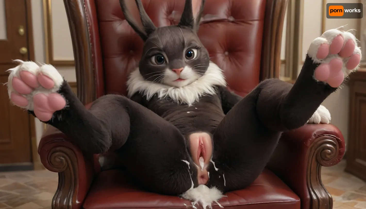 anime art, masterpiece, big black female rabbit, detail, 4k, long black rabbit ears, black fur, fur suit, big woolen tits, shaved pussy, female rabbit pussy, rabbit paws, sitting on a chair with her hind legs dangling, cum, cum on rabbit pussy, lots of cum coming out of pussy jxdhxps, character, <lora:Judy_Hopps_Xl-000002:.8>, <lora:SquattingAnal:.8>