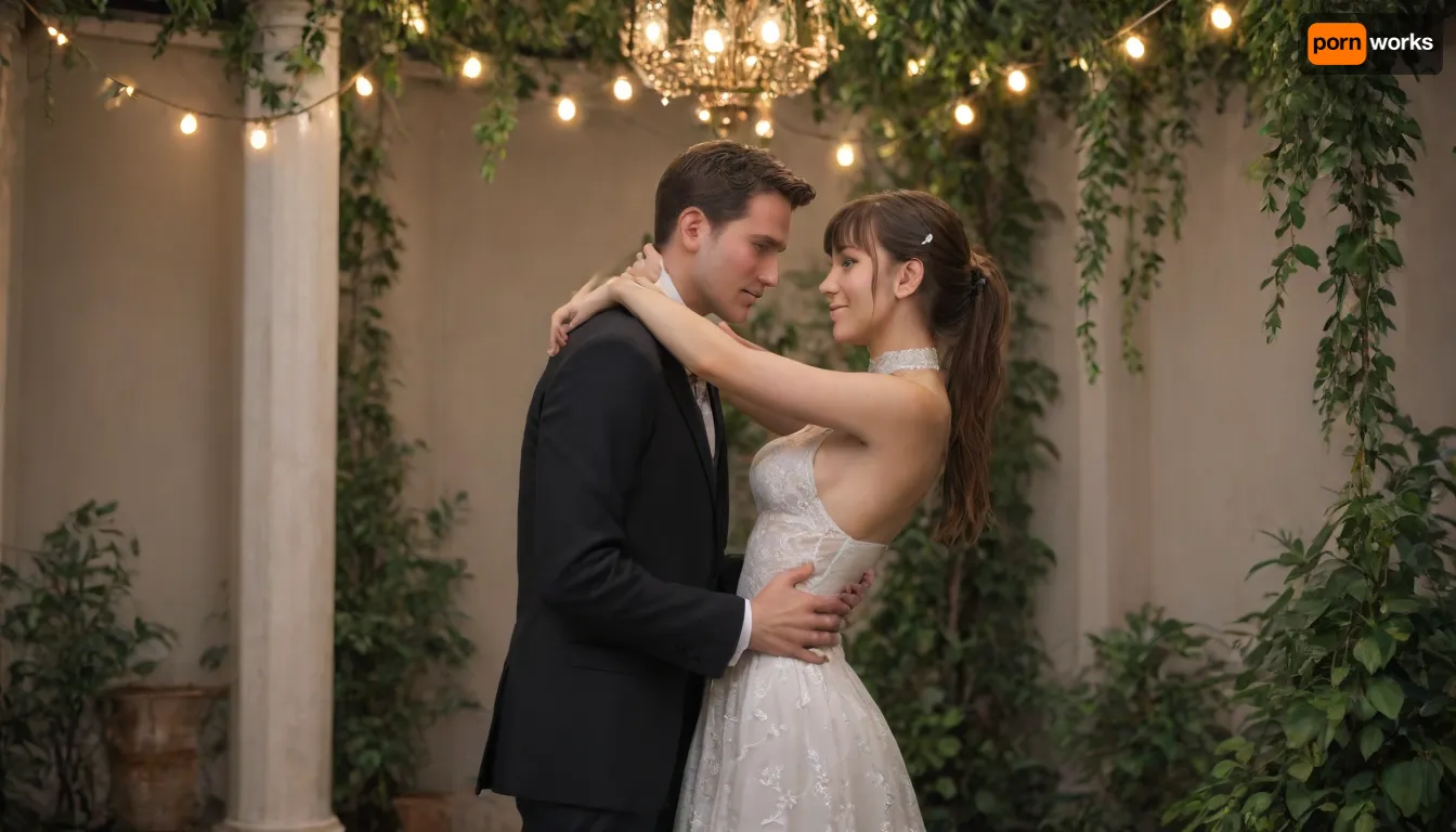 Romantic indoor setting, decorated with warm string lights hanging from the ceiling, glowing bokeh lights, greenery and floral arrangements, cozy atmosphere, elegant party, soft warm lighting, dreamy cinematic background couple in the foreground, looking at each other, smiling playfully, ((groping each other)), . Petite 23 year old girl, against the wall, with young man, black suit, girl wearing long white lace dress, small soft tits, brown hair, bob hairstyle, blunt bangs, small round innocent face, horny, blushed, ultra high details, detailed face, hyper realistic, slut, hair in her face, dynamic pose, white choker, hair clips, skin imperfections, freckles on her face, skinny, most beautiful eyes, detailed eyes, green eyes, big ass, thick thighs, fullbody, high contrast lightning Romantic indoor setting, decorated with warm string lights hanging from the ceiling, glowing bokeh lights, greenery and floral arrangements, cozy atmosphere, elegant party, soft warm lighting, dreamy cinematic background couple in the foreground, looking at each other, smiling playfully, ((groping each other)), . Petite 23 year old girl, against the wall, with young man, black suit, girl wearing long white lace dress, small soft tits, brown hair, bob hairstyle, blunt bangs, small round innocent face, horny, blushed, ultra high details, detailed face, hyper realistic, slut, hair in her face, dynamic pose, white choker, hair clips, skin imperfections, freckles on her face, skinny, most beautiful eyes, detailed eyes, green eyes, big ass, thick thighs, fullbody, high contrast lightning