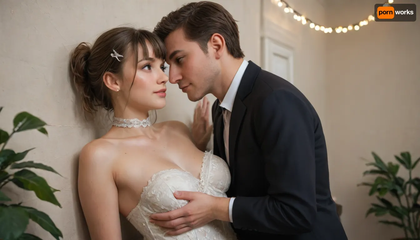 Romantic indoor setting, decorated with warm string lights hanging from the ceiling, glowing bokeh lights, greenery and floral arrangements, cozy atmosphere, elegant party, soft warm lighting, dreamy cinematic background couple in the foreground, looking at each other, smiling playfully, ((groping each other)), . Petite 23 year old girl, against the wall, with young man, black suit, girl wearing long white lace dress, small soft tits, brown hair, bob hairstyle, blunt bangs, small round innocent face, horny, blushed, ultra high details, detailed face, hyper realistic, slut, hair in her face, dynamic pose, white choker, hair clips, skin imperfections, freckles on her face, skinny, most beautiful eyes, detailed eyes, green eyes, big ass, thick thighs, fullbody, high contrast lightning Romantic indoor setting, decorated with warm string lights hanging from the ceiling, glowing bokeh lights, greenery and floral arrangements, cozy atmosphere, elegant party, soft warm lighting, dreamy cinematic background couple in the foreground, looking at each other, smiling playfully, ((groping each other)), . Petite 23 year old girl, against the wall, with young man, black suit, girl wearing long white lace dress, small soft tits, brown hair, bob hairstyle, blunt bangs, small round innocent face, horny, blushed, ultra high details, detailed face, hyper realistic, slut, hair in her face, dynamic pose, white choker, hair clips, skin imperfections, freckles on her face, skinny, most beautiful eyes, detailed eyes, green eyes, big ass, thick thighs, fullbody, high contrast lightning