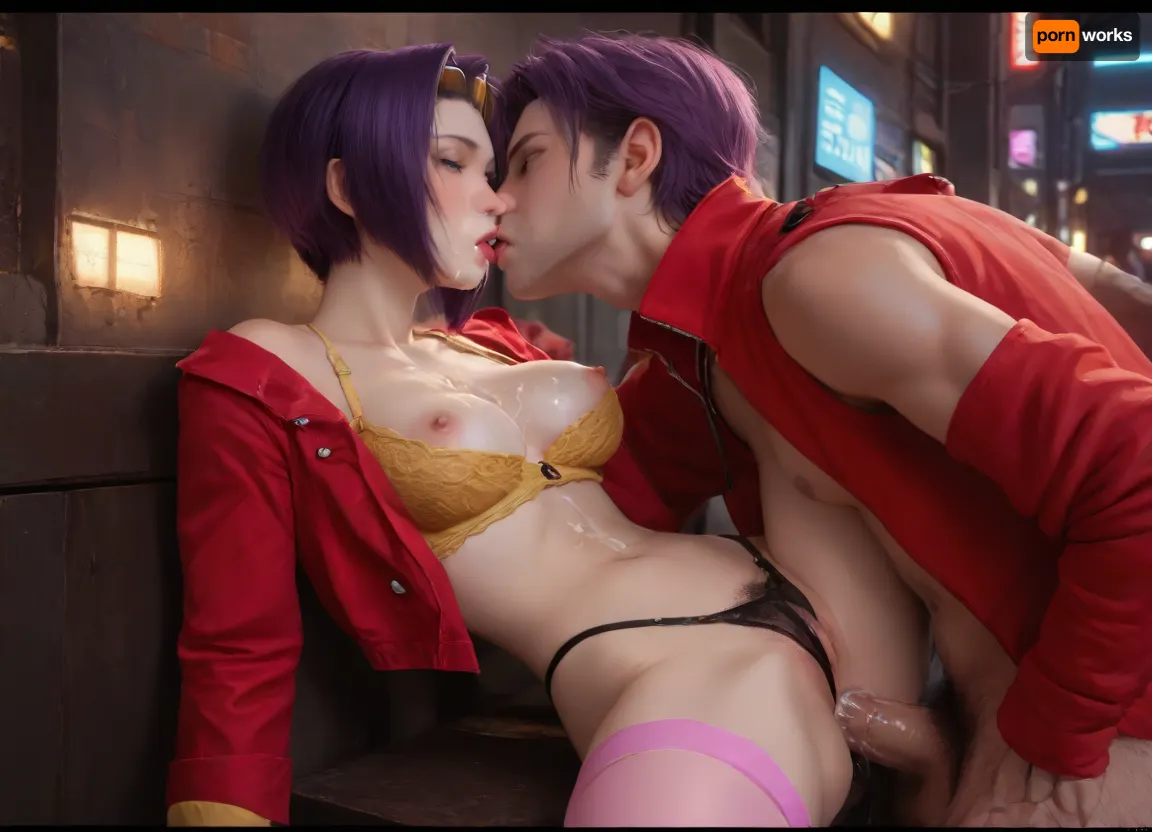 masterpiece, best quality, high resolution, hires, score_9, score_8_up, score_7_up, score_6_up, (Faye Valentine:1.4), detailed face, beautiful eyes, overwhelmed expression, yellow silk bra, yellow short shorts unbuttoned, red jacket, pink stockings, black string thong, short purple hair, athletic body, big breasts, bouncing breasts, hard gumdrop nipples, unshaven hairy pussy, big hairy bush, athletic ass, sitting with her legs straight up, buff man out of view, (anal penetration:1.4), (Penis balls deep), missionary, kissing, cum on face, cum on breasts, in a cyberpunk city, in a alleyway, close up, side view, ratatatat74, incase style, anime fantasy, fv4lent, yellow_outfit_pink_thighighs, red, jacket, Neonlight, <lora:287175_training_data:1.4>, <lora:ratatatat74-000050:1.4>, <lora:faye-anime:1.4>, <lora:cbcity2:1.4>