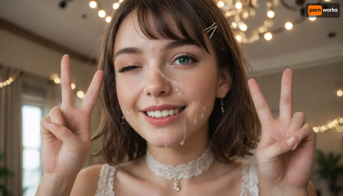 Romantic indoor setting, decorated with warm string lights hanging from the ceiling, glowing bokeh lights, greenery and floral arrangements, cozy atmosphere, elegant party, soft warm lighting, dreamy cinematic background, smiling playfully, facial, (((lots of cum on face))), (peace sign), five fingers, detailed hands, ((wink)), . Petite 23 year old girl, mouth open, with young man, girl wearing long white lace dress, brown hair, bob hairstyle, blunt bangs, small round innocent face, horny, blushed, ultra high details, detailed face, hyper realistic, slut, hair in her face, dynamic pose, white choker, hair clips, skin imperfections, freckles on her face, skinny, most beautiful eyes, detailed eyes, green eyes, high contrast lightning, pov view Romantic indoor setting, decorated with warm string lights hanging from the ceiling, glowing bokeh lights, greenery and floral arrangements, cozy atmosphere, elegant party, soft warm lighting, dreamy cinematic background, smiling playfully, facial, (((lots of cum on face))), (peace sign), five fingers, detailed hands, ((wink)), . Petite 23 year old girl, mouth open, with young man, girl wearing long white lace dress, brown hair, bob hairstyle, blunt bangs, small round innocent face, horny, blushed, ultra high details, detailed face, hyper realistic, slut, hair in her face, dynamic pose, white choker, hair clips, skin imperfections, freckles on her face, skinny, most beautiful eyes, detailed eyes, green eyes, high contrast lightning, pov view