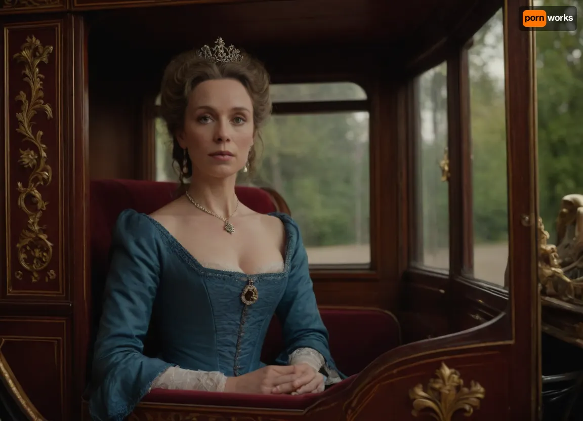 (hyperréaliste), superbe marquise de 50 ans du 16ème siècle en France, avec son amant habillé en officier, cleavage, detailed face, detailed eyes, full body view, in a royal carriage