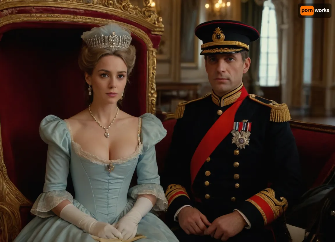 (hyperréaliste), superbe marquise de 50 ans du 16ème siècle en France, awith her lover dressed as an officer, cleavage, detailed face, detailed eyes, full body view, in a royal carriage
