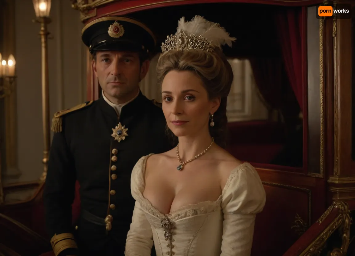 (hyperréaliste), stunning 50-year-old marquise from 16th-century France, awith her lover dressed as an officer, cleavage, detailed face, detailed eyes, full body view, in a royal carriage