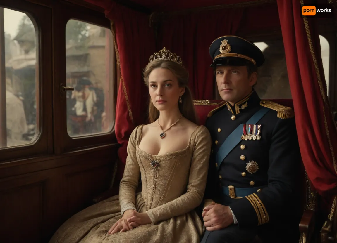 (hyperréaliste), stunning 50-year-old princess from 14th-century France, with her lover dressed as an officer, cleavage, detailed face, detailed eyes, full body view, in a royal carriage