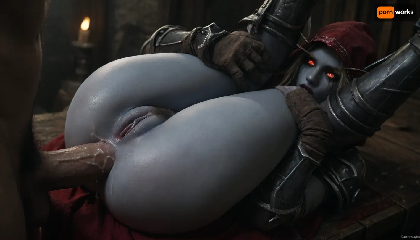 Cinematic still, UHD 8K, ((sylvanas windrunner from warcraft banshee, undead, worn broken black armor on the body and legs, smudged mascaraed, blue skin girle, dark pubic hair)), (orcs anal sex with cum), sperms flow on ass and pussy, legs thrown over head, <lora:dark:.1>