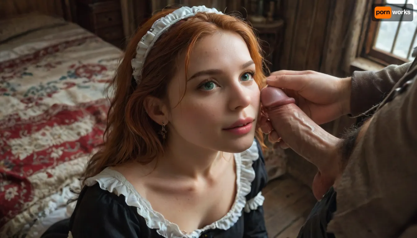 15th century, 1 woman, 1 man, realistic directional lighting, (view from above), ((medieval scene:1.3)), (ultra-detailed beautiful girl), 18 years old, wearing Victorian maid costume, perfect face, perfect hands, perfect green eyes, very small woman, long messy red hair, ((firm small breasts:1.4)), lots of red pubic hair, girl kneels before an old lord and opens his trousers and sees for the first time the beautiful, ((detailed cock, much gray pubic hair:1.3)), old lord has silent smile, young maid looks joyfully surprised, intimate tender moment in the morning sun in backlight, early morning in the morning mist at the edge of the forest, the castle in the background, detailed image, high resolution, highres, side view, cin3, DonMN1gh7XL, FRESHIDEAS, Real, Photography, 2#, <lora:cine:.9>, <lora:DonMN1gh7rXL-000006:.3>, <lora:FRESHIDEAS Real Photography 2#:.3>, 4ng3l, face, <lora:SDXL_BetterFaces-LoRA_v1:.8>