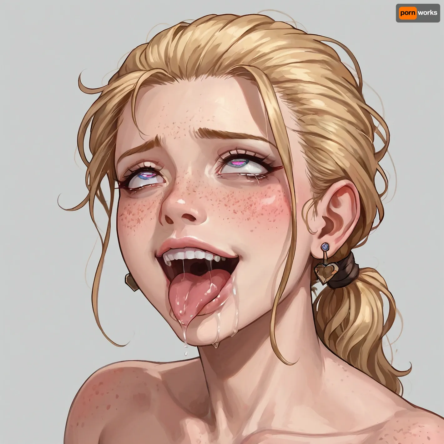 freckles, blond tied ponytail hair, ahegao, crazy, yandere