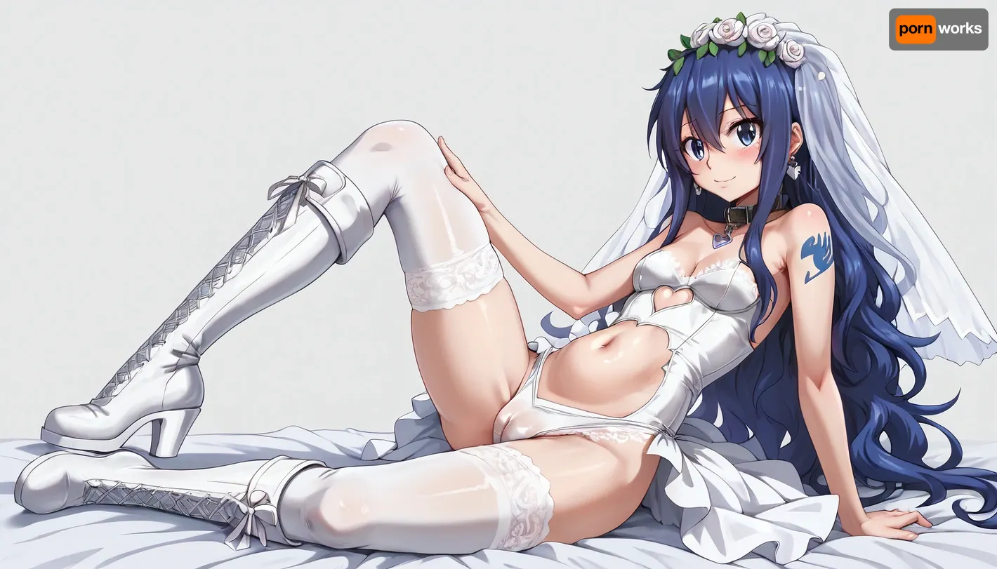 Wendy Marvell from Fairy Tail, naked, tight_fitting lace wedding dress and wedding veil, stomach_cutout, white knee-high leather boots with turn-up collar, white pantyhosed, extreme cameltoe