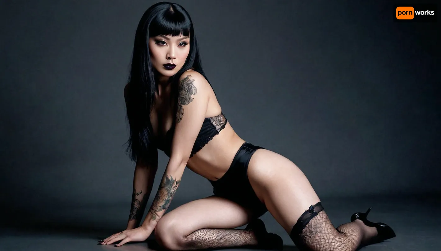 Actress Hana Mae Lee sensual figure, smooth glowing skin, brown eyes, blank semi-long hair, kneeling on a soft surface. Her back is slightly arched, hands resting on her thighs, a tattoo small at her left leg, a goth style makeup, black lipstick, black painted eyes, head tilted gently to the side with an alluring expression. Shot in a minimalist studio with dramatic lighting that creates subtle shadows across her body, ultra-detailed photorealism, perfect anatomy, lifelike detail, cinematic photography, 8K HDR..