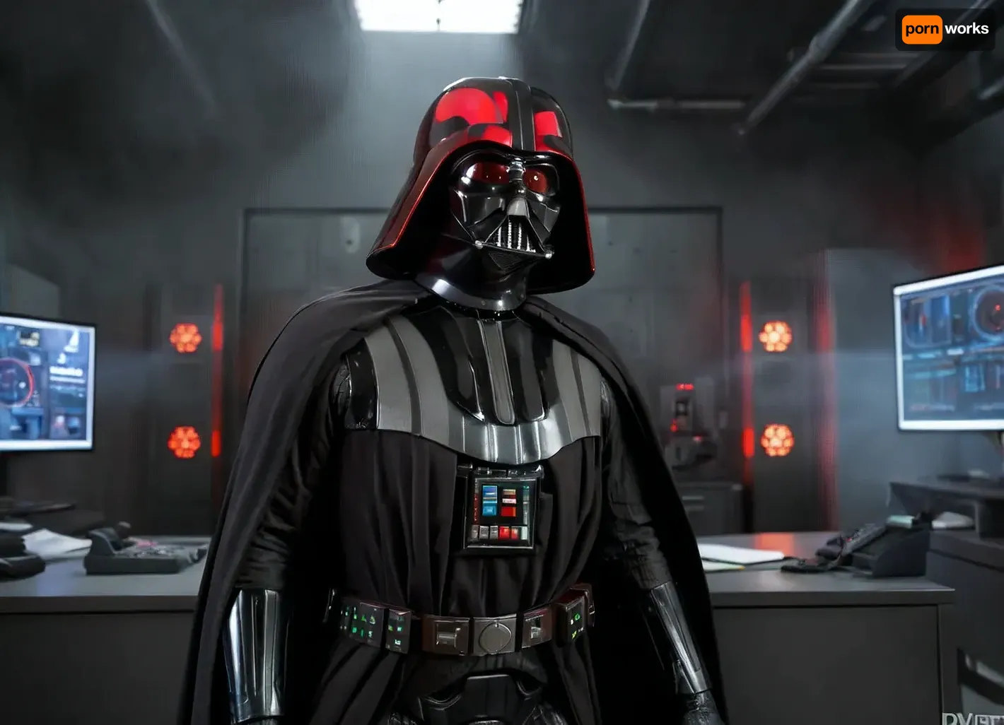 Star Wars, (mighty Darth Vader:1.2), (red-skinned Twi'lek woman:1.1), (Dvrt Talon:1.6), (black leather underwear:1.1), (black patterns on red skin:1.2), (kneeling and giving Darth Vader a blowjob), (Vader standing, looking down:1.1), (epic scene:1.2), (science fiction:1.1), (cyberpunk atmosphere), (dark surroundings:1.1), (neon red lights), (haze:1.1), (smoke clouds:1.1), (fog), (industrial background), (lattice structure:1), (red halo:1.1), (post-apocalyptic world), (high detail:1.2), (realistically drawn:1.1), (cinematic lighting), (volumetric lighting), (sharp focus), (gloomy:1.1), (atmospheric), (backlit:1.1), (dark shadows:1.1), (best quality), (masterpiece), (great depth of field), ., (Cinematic frame), (epic scale), (high resolution), (8k), (photographic), PEDarthVader, <lora:PE_DarthVader:.8>, Coruscant, Office, Interior, <lora:Coruscant_Office_Interior:.8>